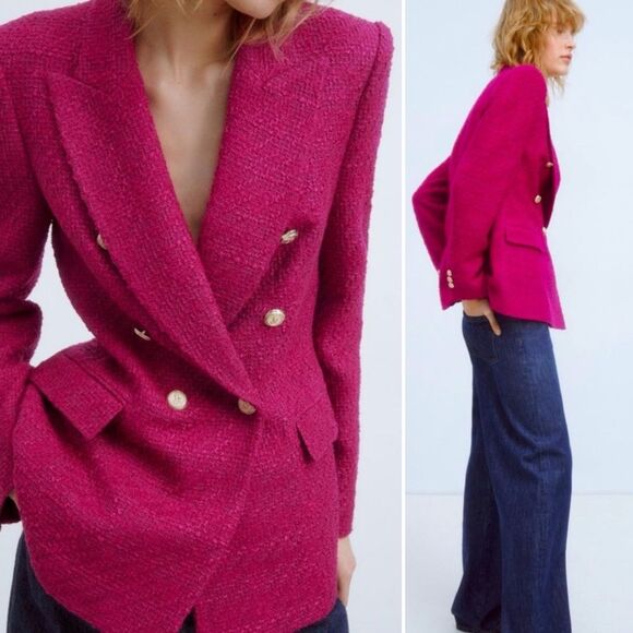 Blogger Fave Zara Textured Tweed Fuschia Pink Double Breasted Blazer Size XS - Picture 11 of 14
